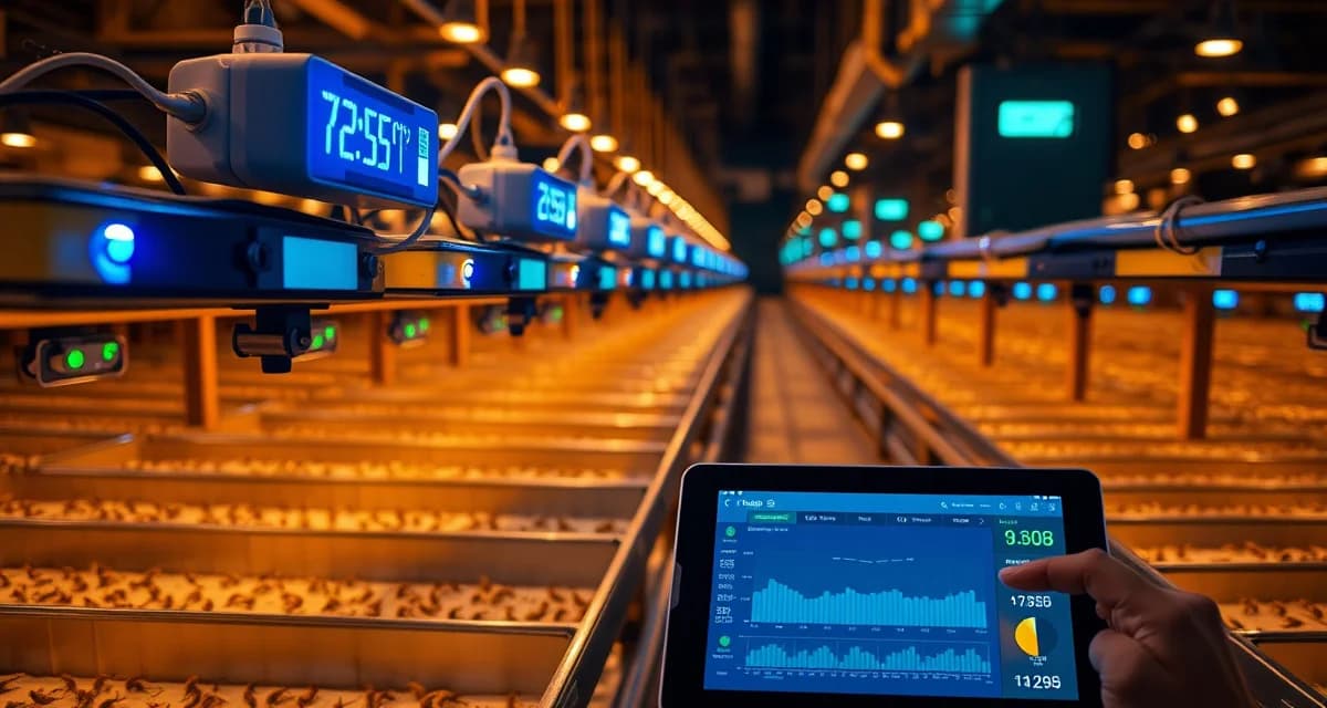 Night shift automation reduces cricket farm manual checks Automated temperature monitoring system in cricket farm facility displaying real-time alerts and data on digital dashboard