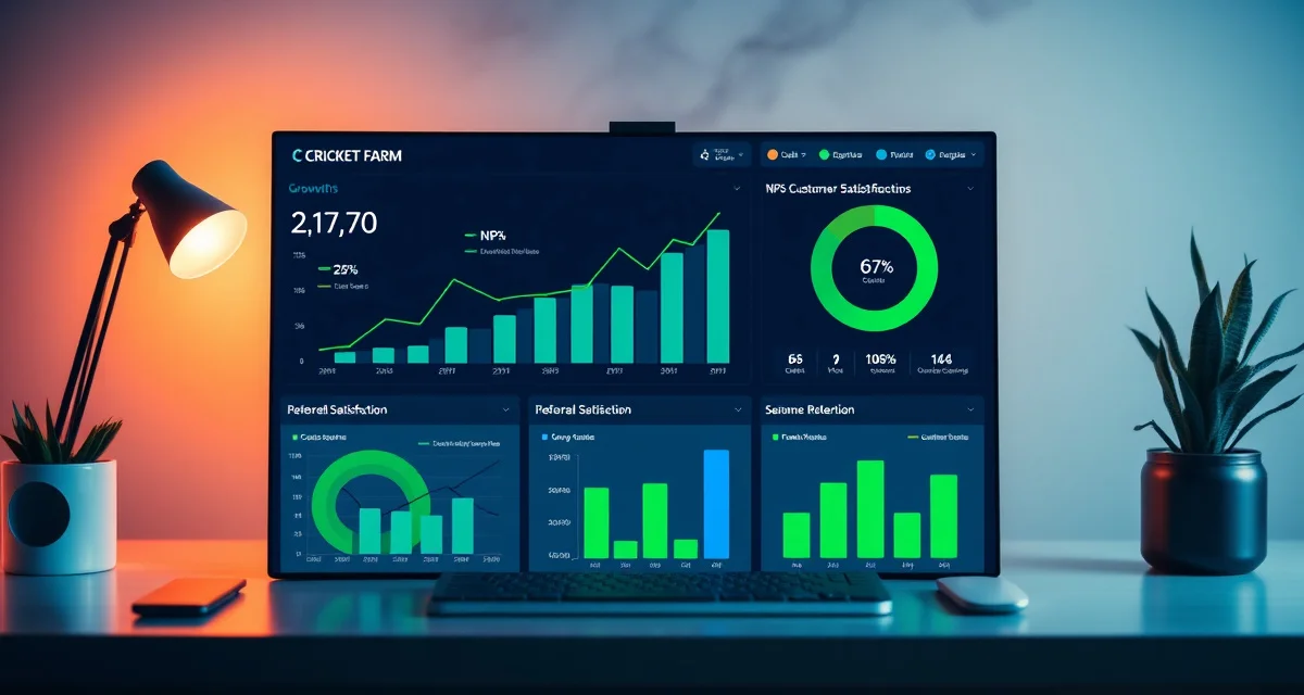 NPS measurement and customer loyalty analytics for cricket farming businesses Cricket farm Net Promoter Score dashboard displaying customer satisfaction metrics and referral growth data for insect protein operations