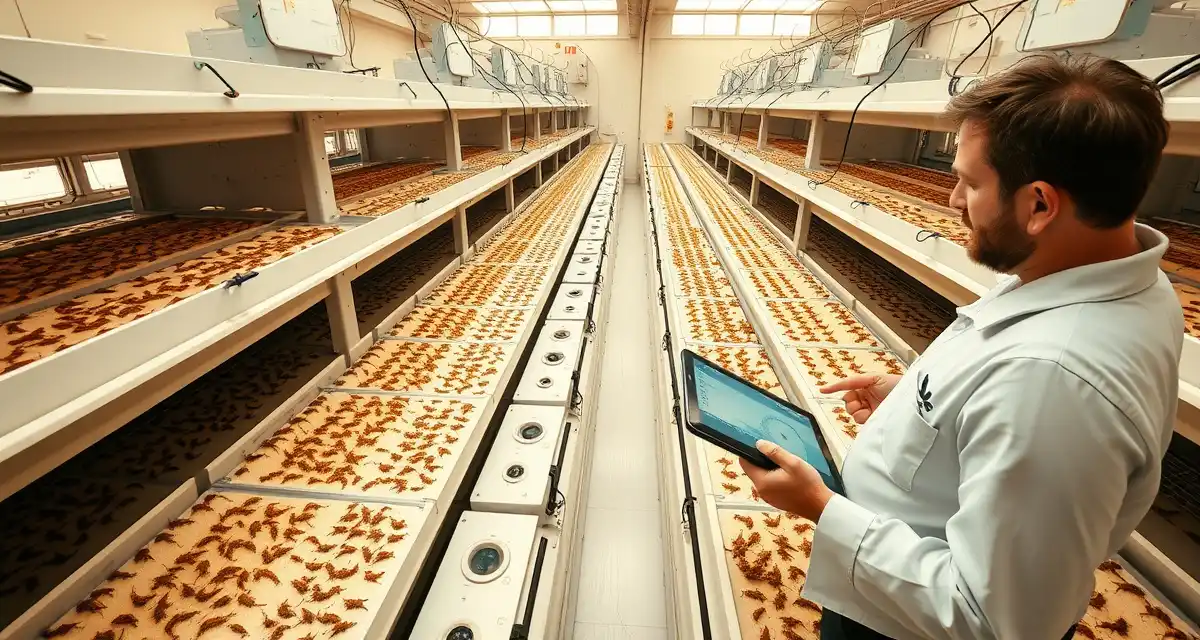 Quick cricket farm setup process Cricket farm onboarding setup showing organized bins and monitoring equipment for efficient farm management and insect protein production operations.