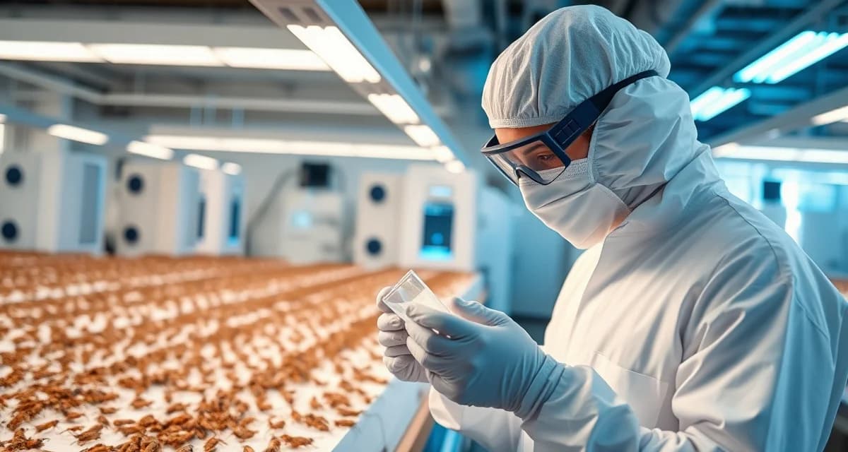 Cricket farming pathogen testing and environmental monitoring Environmental monitoring technician testing cricket farm facility samples for Listeria and pathogen detection in compliance with food safety protocols