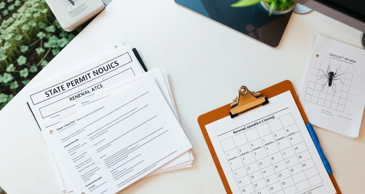 Cricket farm permit renewal documentation and state compliance tracking system Organized state permit renewal documents and compliance checklist for cricket farm agricultural licenses and insect producer permits.