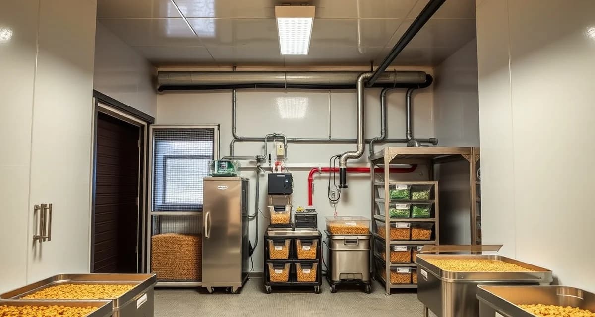 Secure cricket farming facility with pest control infrastructure Modern cricket farm facility with sealed pest exclusion measures including mesh screening and secure storage containers for insect protein production.