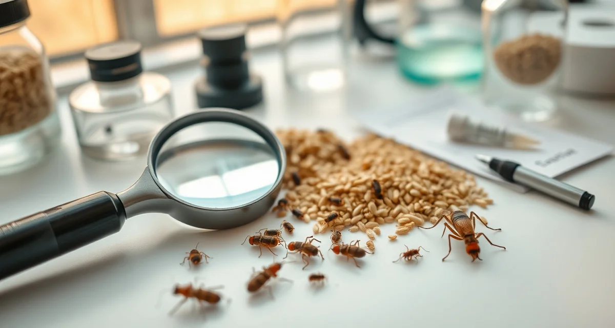 Professional pest identification setup for cricket farming operations Cricket farm pest identification guide showing magnification tools and common pest samples for farm management and control strategies.