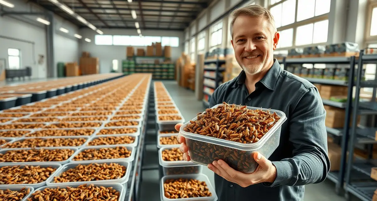 Feeder cricket distribution operations for pet food supply chain Cricket farm pet food distributor facility showing feeder crickets in containers ready for regional distribution to pet stores.