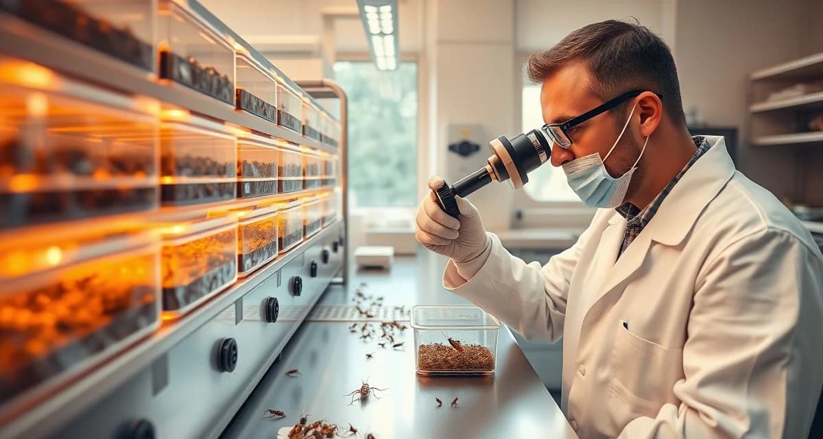 Cricket farming for pharmaceutical research and biomedical testing Scientist examining pathogen-tested crickets in a GMP-adjacent pharmaceutical research facility for biomedical studies