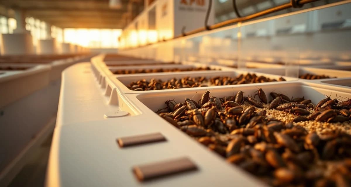 Cricket farming facility for media coverage Modern cricket farming operation showing sustainable insect protein production containers with natural lighting and professional agricultural setup.