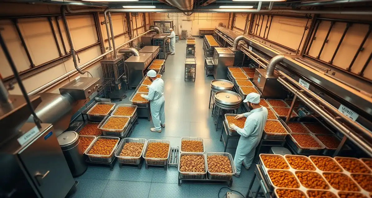 Modern cricket farming operations with multi-product processing capability Cricket farm processing facility showing multiple SKU production stations with FSMA-compliant food safety equipment and organized workflow.