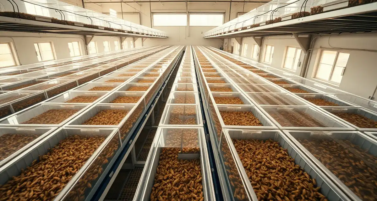 Cricket farming facility showing optimized bin arrangement Organized cricket farm production bins arranged in staggered rows for optimized harvest scheduling and supply consistency