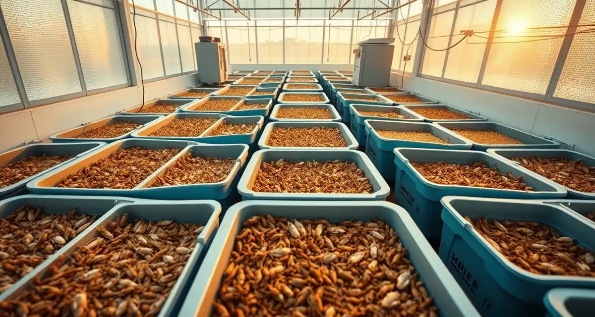 Modern cricket farming bin setup for profitable insect protein production 50-bin cricket farm operation showing organized feeder crickets in modern farming facility with monitoring equipment and feed stations.