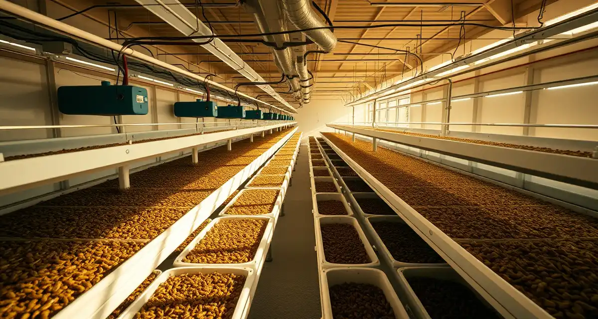 Cricket farming profitability setup Modern cricket farm facility showing breeding bins and monitoring systems for profitable insect protein production operations.