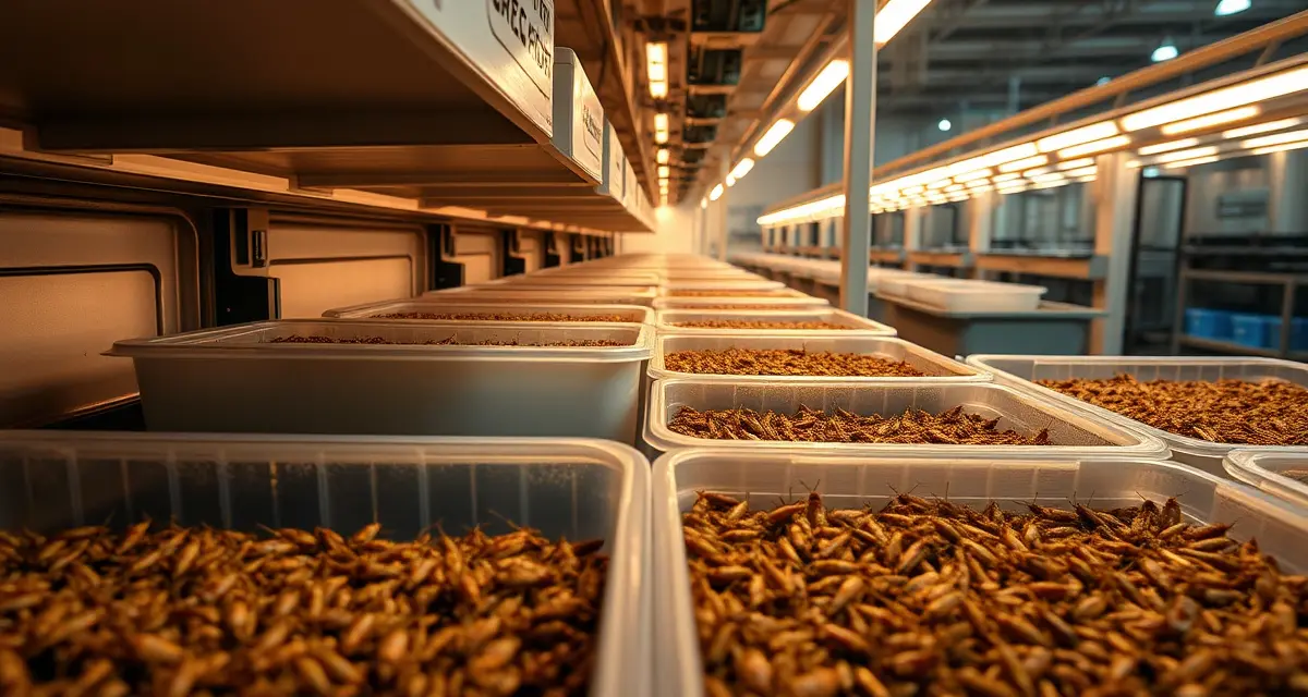 Cricket farming operation with profitability tracking setup Cricket farm profitability calculator setup showing organized breeding bins with feeding systems for commercial insect protein production operation.
