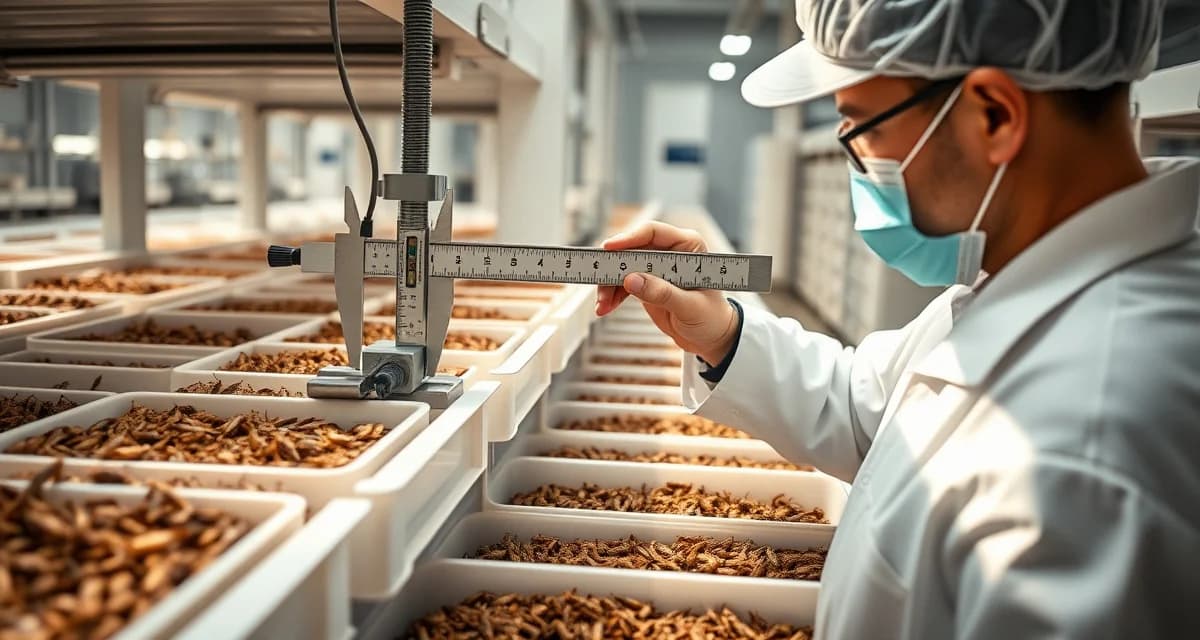 Quality control inspection ensures consistent cricket sizing Cricket farm quality control worker measuring cricket size consistency across production bins using precision sorting equipment in professional facility.