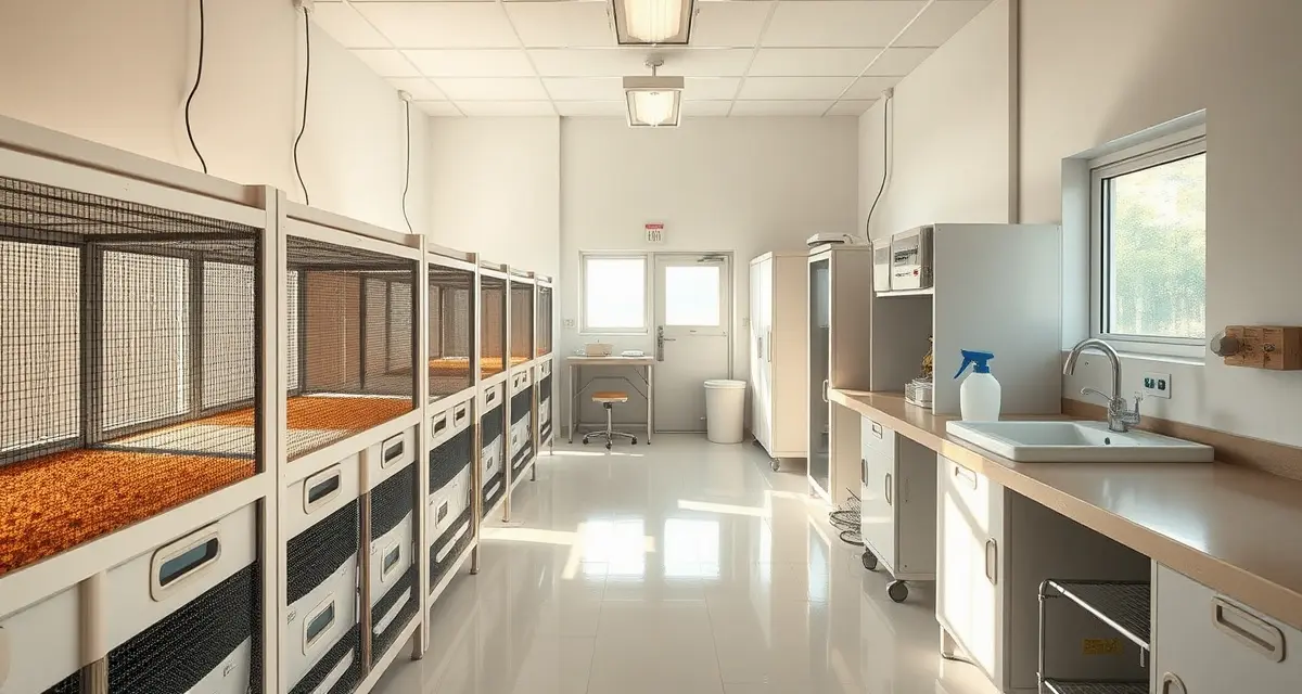 Biosecurity quarantine setup for cricket farming operations Cricket farm quarantine containment area demonstrating biosecurity protocols with isolated enclosures and sanitation equipment for disease prevention