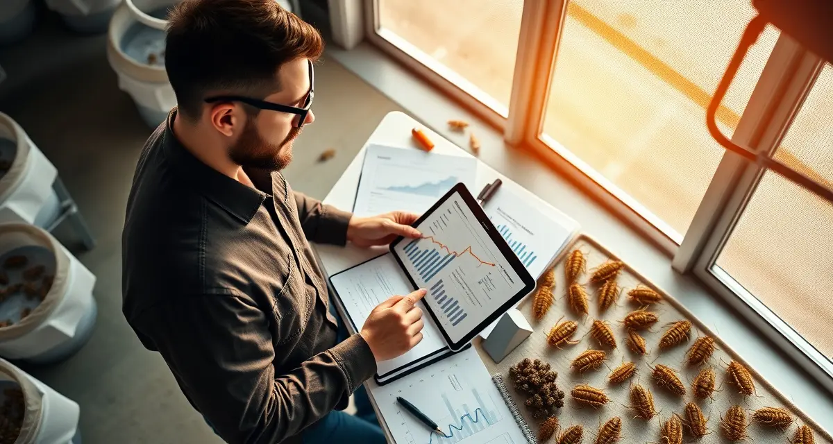 Quarterly review process for cricket farming operations Cricket farm manager conducting quarterly business review with operational data and reports at farming facility workstation