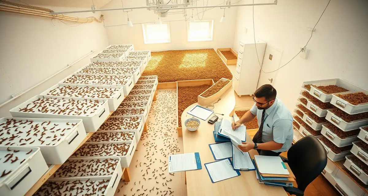 FDA-compliant cricket farm recall planning documentation Cricket farm manager reviewing written recall plan procedures with organized documentation and safety protocols in modern insect farming facility.