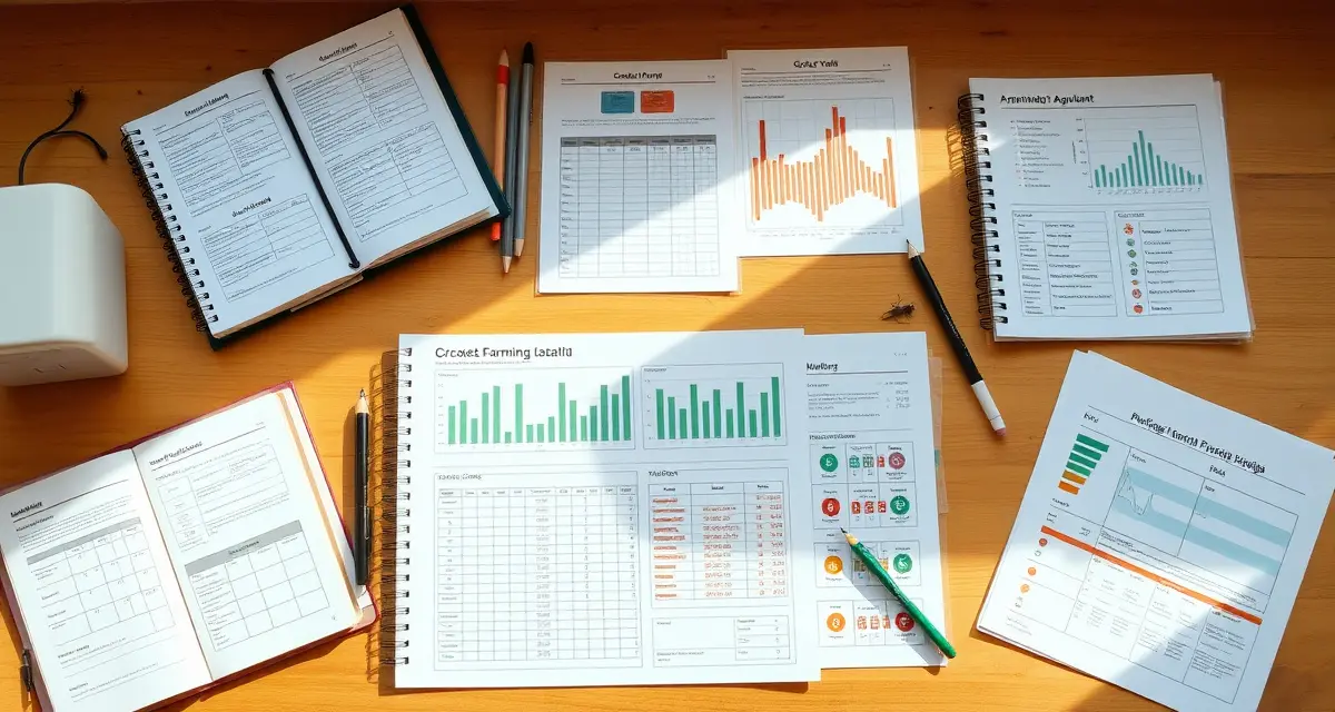 Complete farm record keeping setup for cricket production Organized cricket farm record-keeping system with batch logs, mortality tracking sheets, and yield documentation on desk