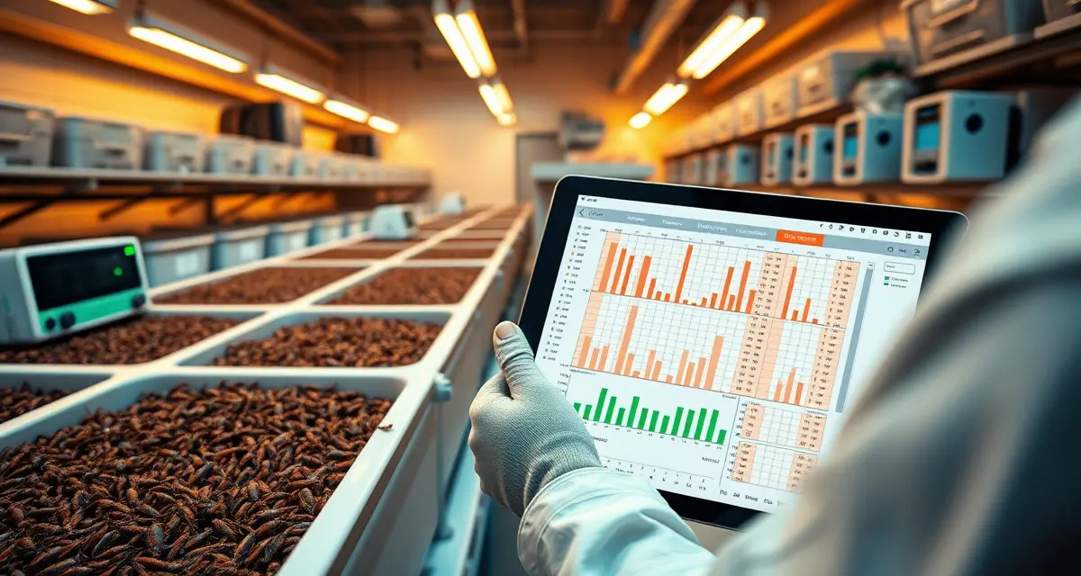 Digital record-keeping system for profitable cricket farming Cricket farm record-keeping setup showing data tracking tablet and organized cricket breeding bins for compliance and profitability monitoring