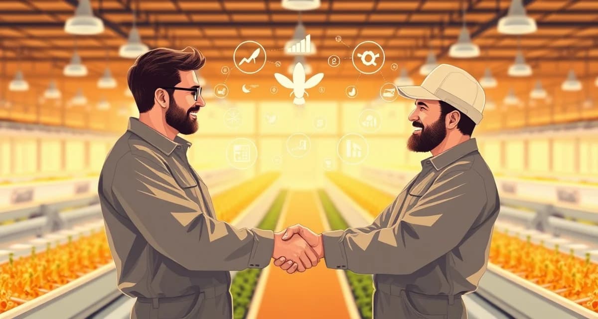 Word-of-mouth marketing success in cricket farming operations Cricket farmers collaborating on referral program strategy in modern insect farming facility with growth analytics displayed