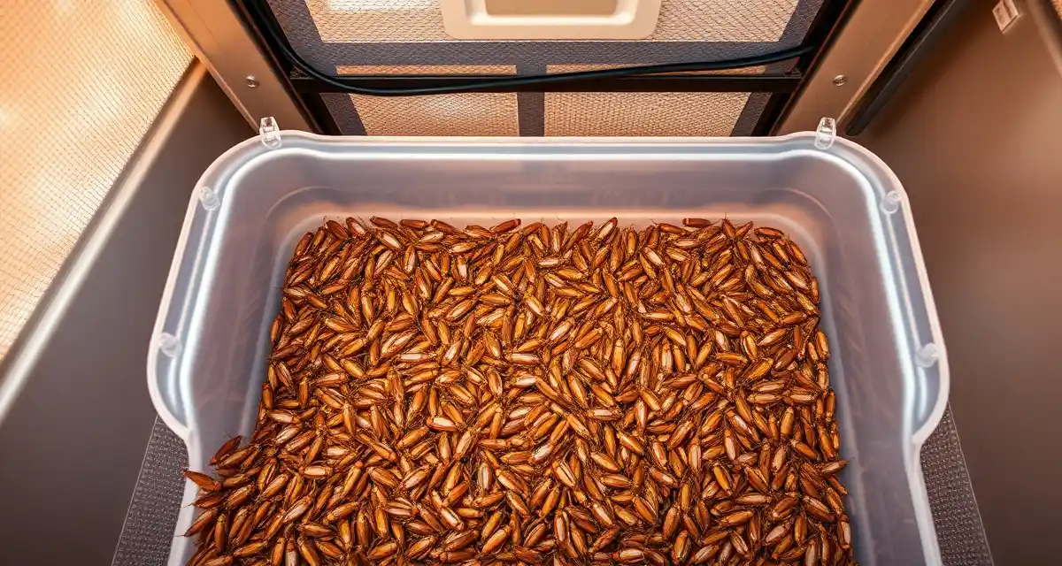 Revenue optimization in commercial cricket farming 66-quart cricket farming bin showing Acheta domesticus colony for calculating revenue per bin in commercial cricket farming operations