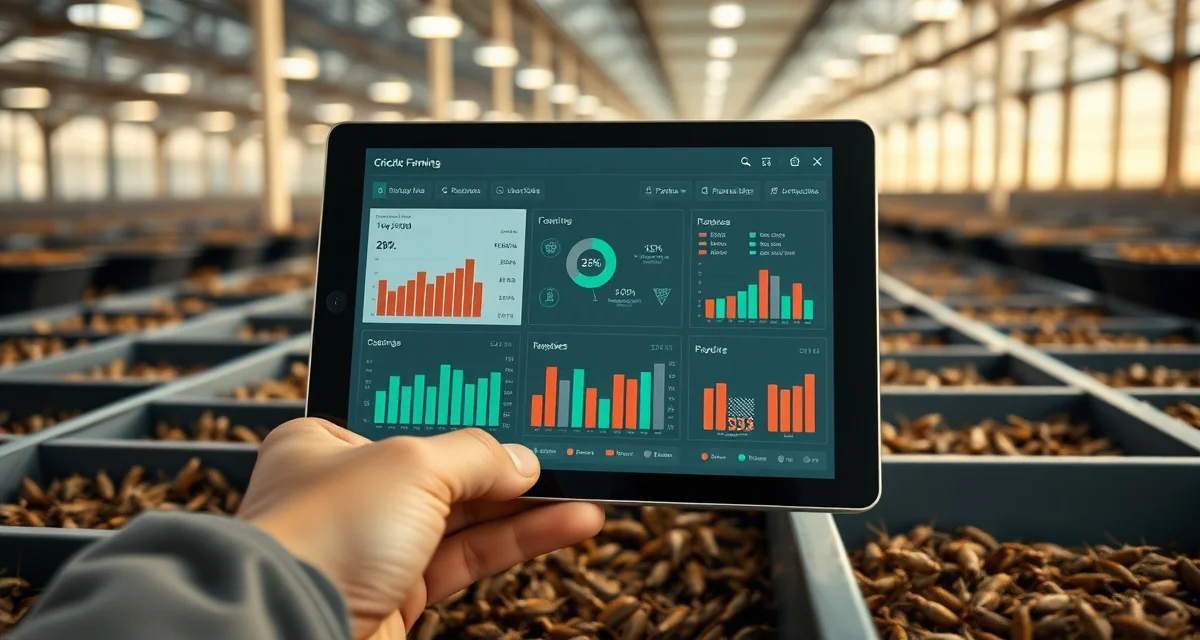 Financial performance metrics for cricket farming operations Cricket farm financial tracking dashboard showing revenue per bin metrics and operational KPIs on digital screen