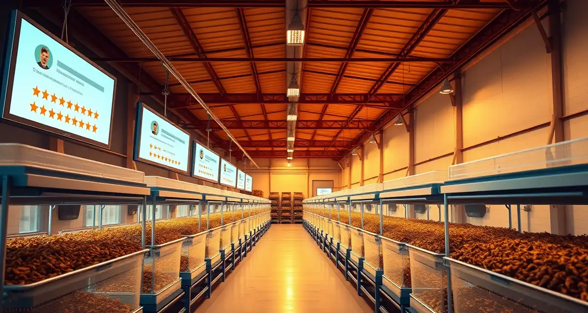 Social proof strategy for cricket farming suppliers Cricket farm review management system showing positive ratings and customer testimonials for wholesale buyers trust building