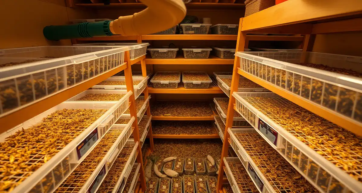 Professional cricket farming setup for profitable feeder insect production Organized cricket farm bins showing scaled feeder cricket operation producing $10K monthly revenue with multiple breeding containers