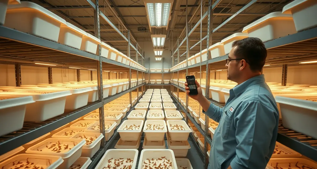 Cricket farming bins scaling guide Mid-scale cricket farm operation showing organized breeding bins and monitoring systems for scaling from 5 to 50 bins production capacity.