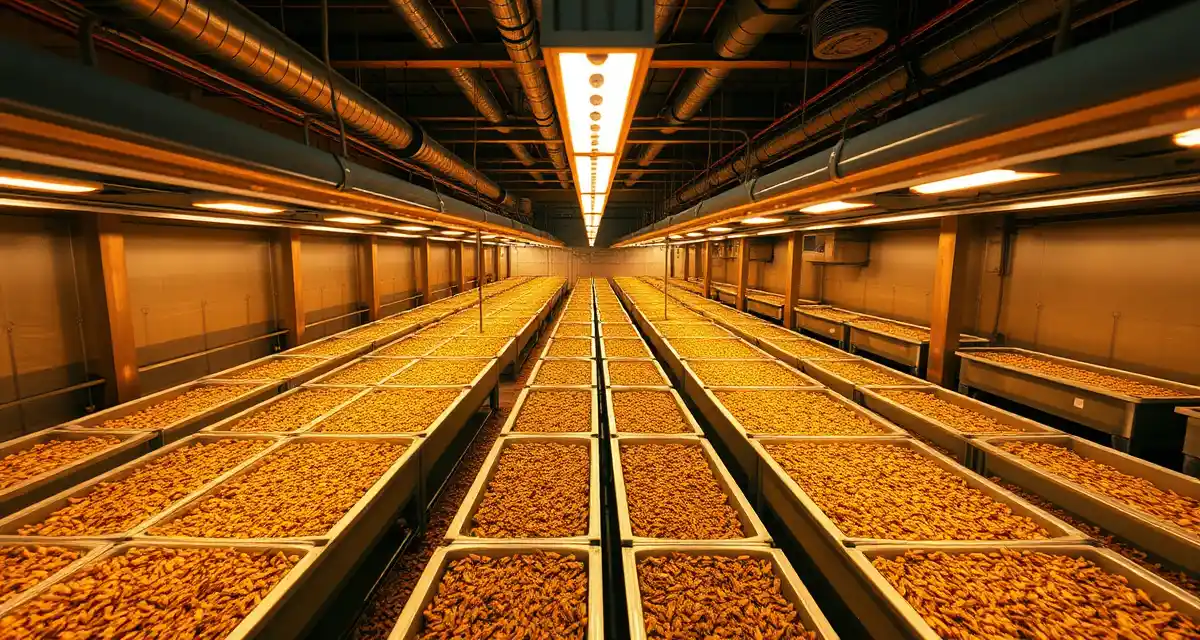 Cricket farm expansion showing multiple production bins Modern cricket farming facility with organized bins and climate control systems for scaling commercial insect protein production operations.
