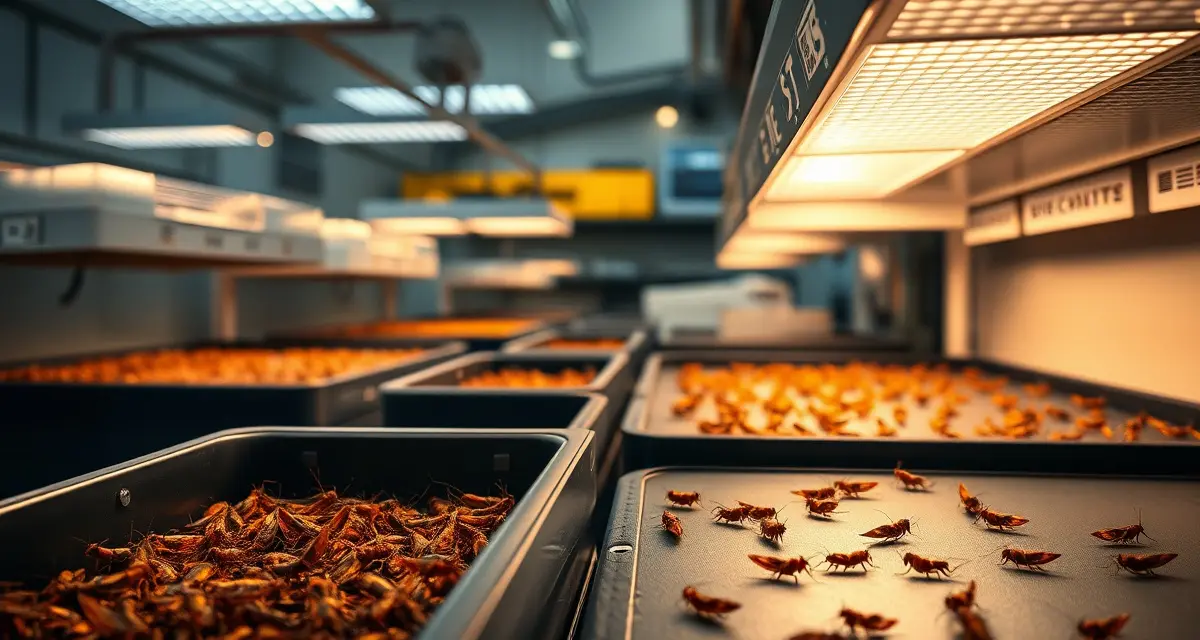 Selective breeding genetics program for cricket farming Cricket farm selective breeding program showing fast-growth crickets in controlled breeding tanks for improved feed conversion ratio