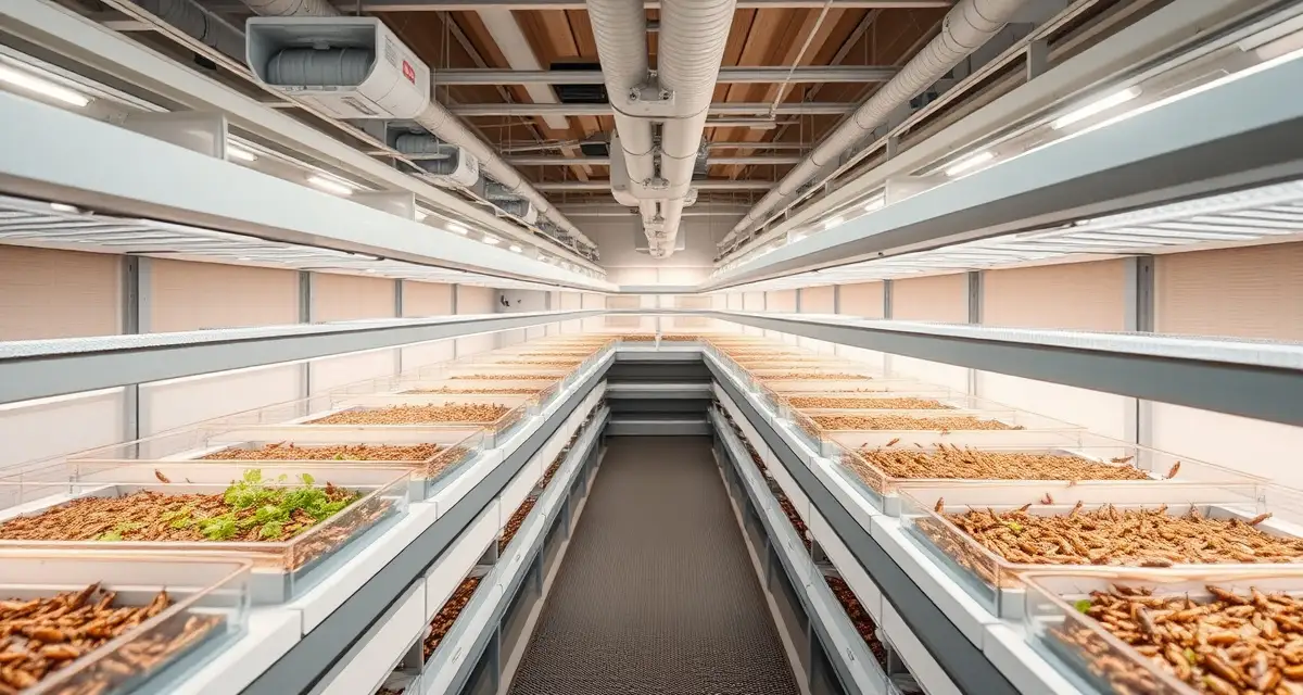 SEO-optimized cricket farm facility Modern cricket farming facility with organized breeding containers demonstrating sustainable insect protein production operations.