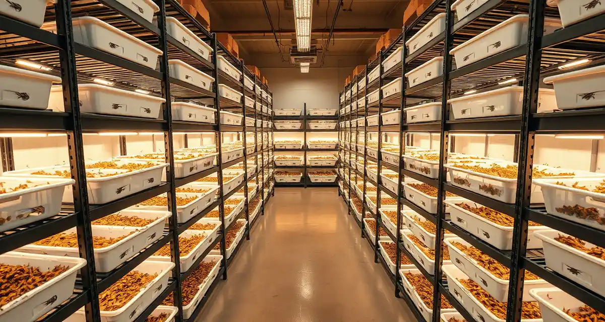 Industrial shelving system for cricket farming operations Optimized 4-tier cricket farm shelving layout with organized bin storage maximizing production capacity per square foot