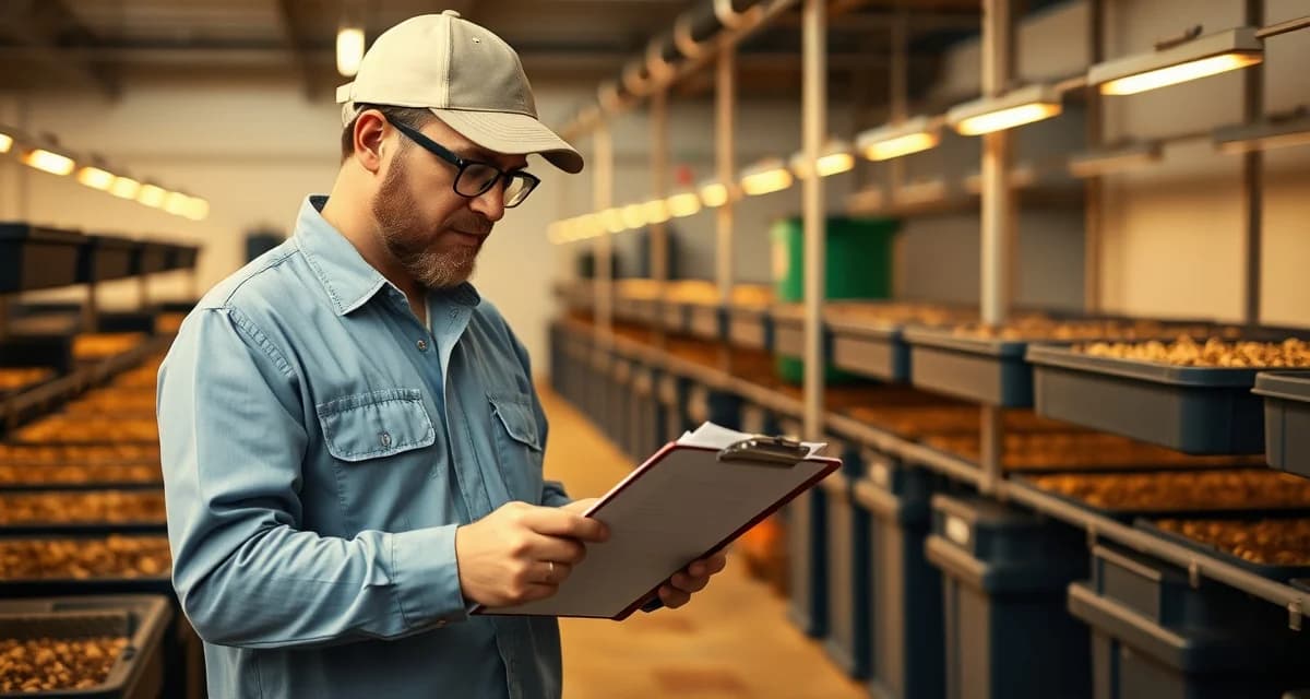 Shift handoff best practices for cricket farming operations Cricket farm manager conducting shift handoff using written checklist to communicate between day and night staff, reducing emergency events