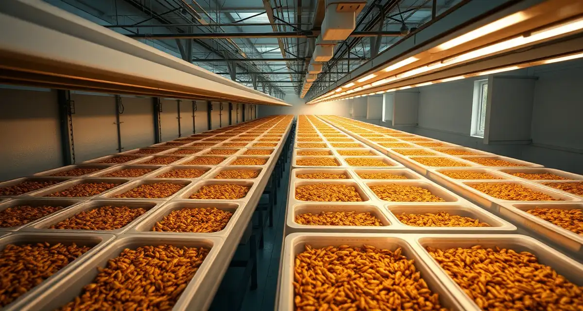 Professional cricket farming operation for wholesale buyer credibility Cricket farm social media strategy showing insect protein production facility with organized rearing containers and modern farming equipment