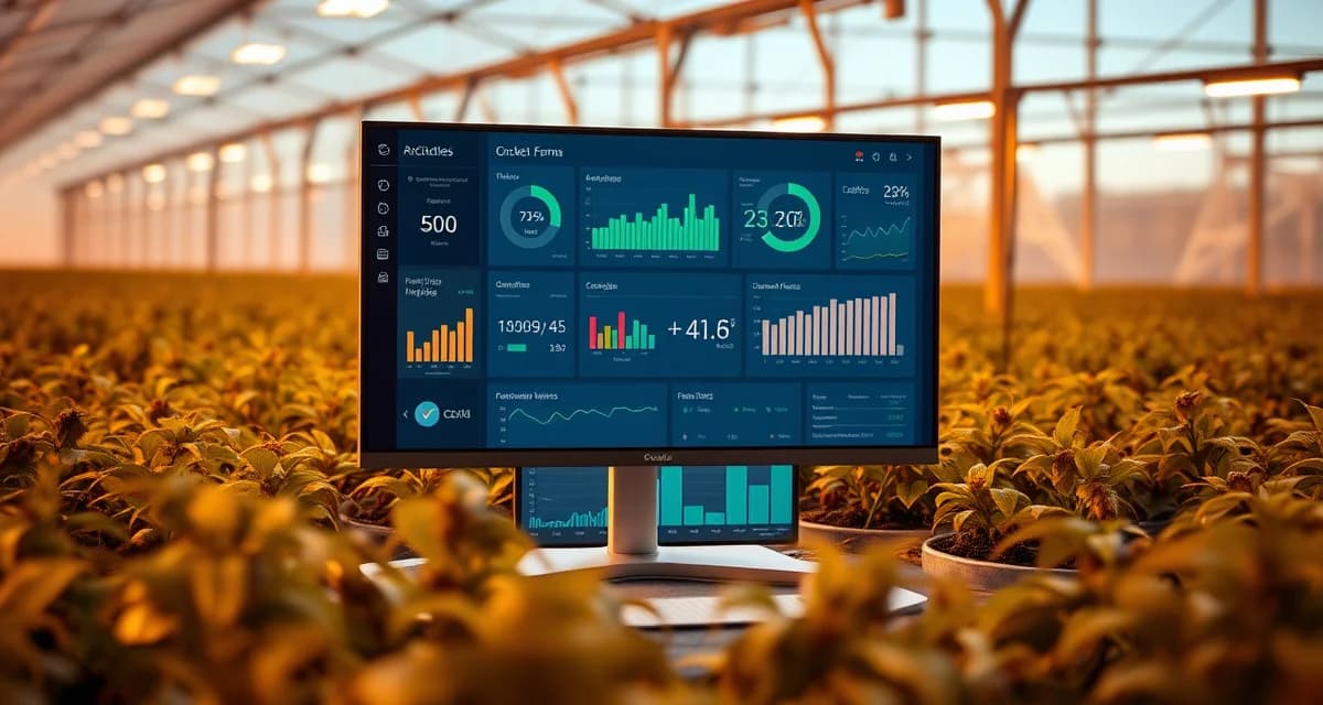 Farm management software ROI dashboard Cricket farm management software dashboard displaying ROI metrics and operational efficiency data with performance analytics.