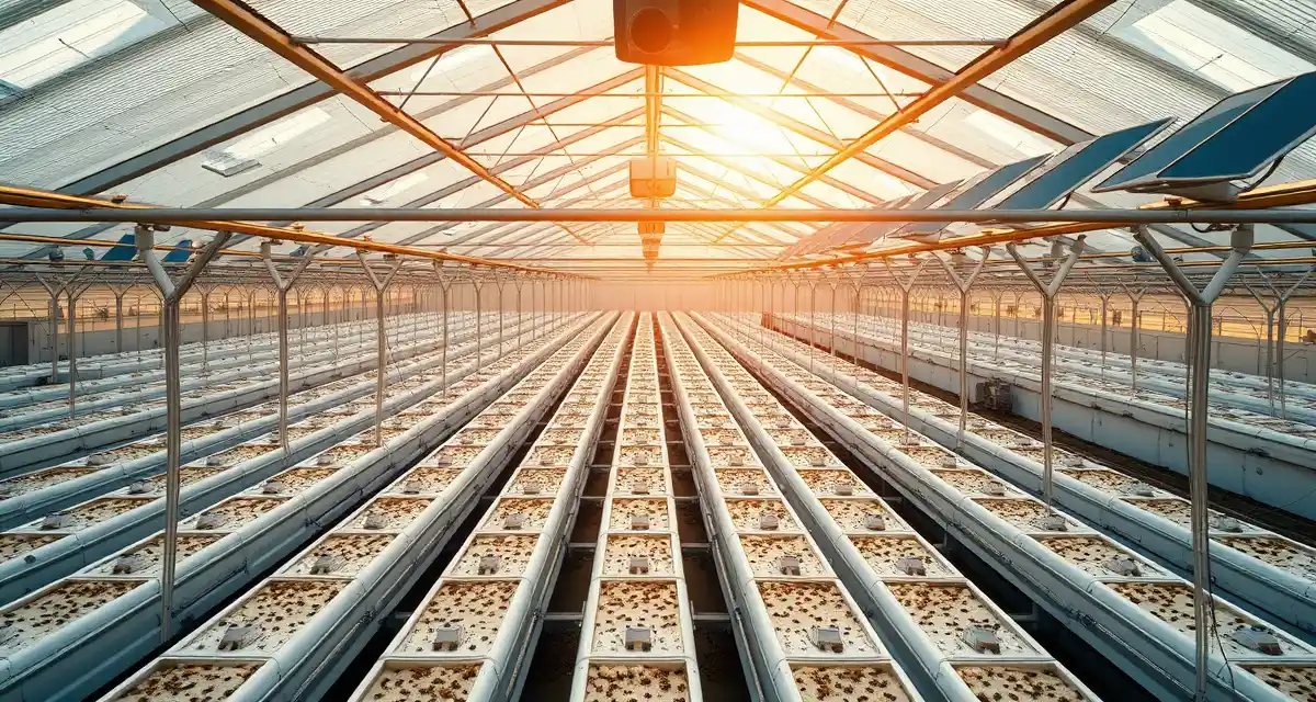 Renewable Energy Solution for Cricket Farming Operations Solar panels installed on cricket farm roof to reduce energy costs for indoor insect protein production facility