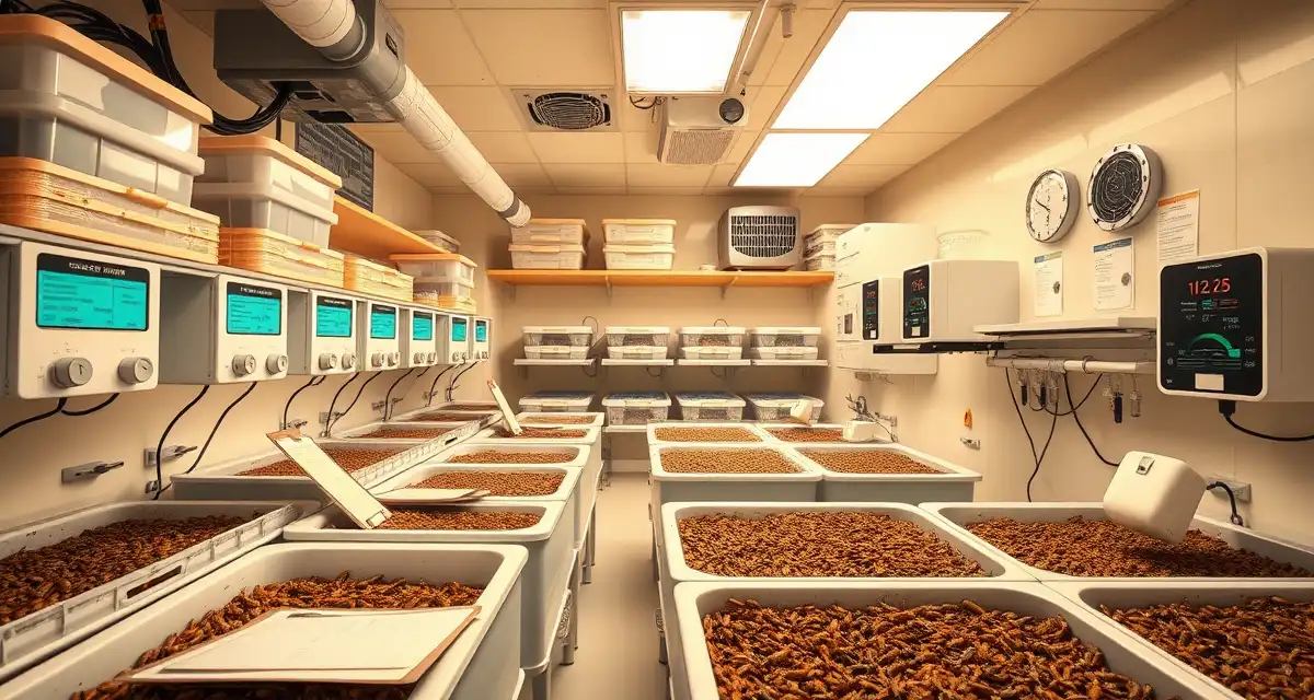 Professional cricket farming SOP implementation Organized cricket farm bins with SOP documentation templates and environmental monitoring equipment for standard operating procedures