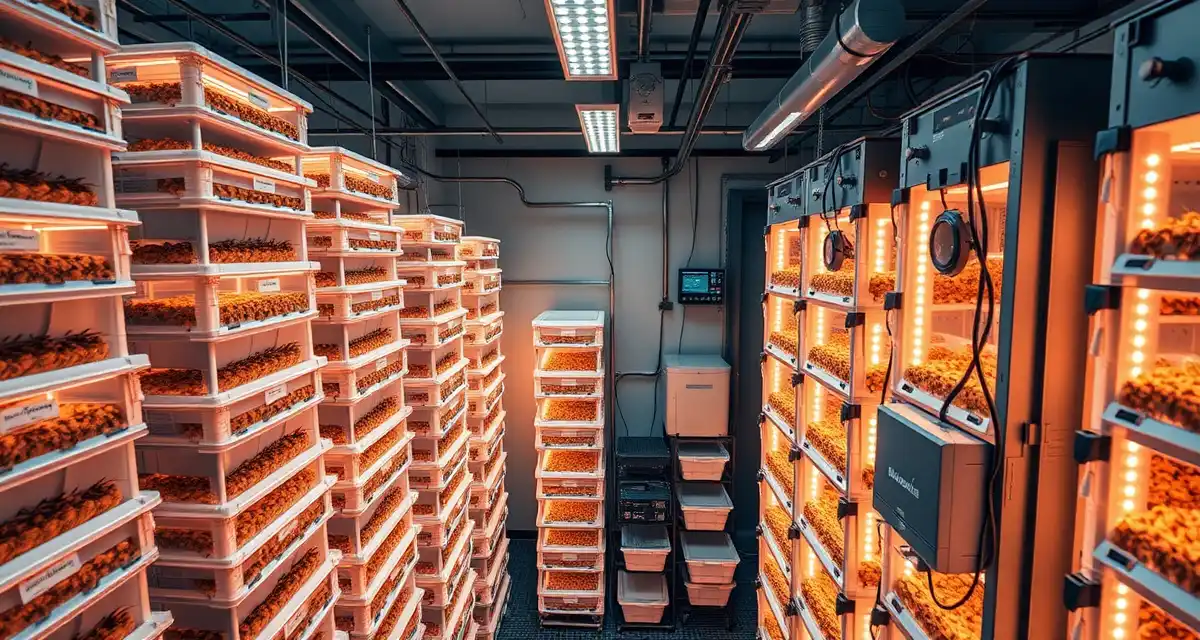 Modern cricket farming bin system with climate control technology Cricket farm startup equipment setup showing organized bins and climate control systems for insect protein production operation