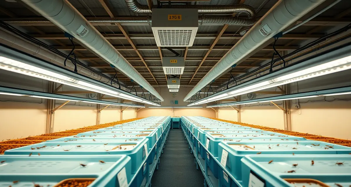 Professional cricket farm setup with climate control systems Modern cricket farming operation showing organized breeding bins in climate-controlled facility for insect protein production startup