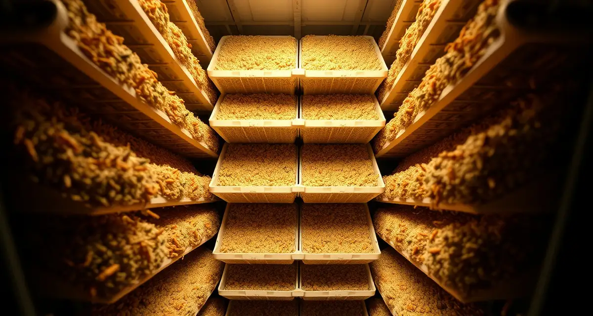 Cricket farm substrate stacking system with egg flats Vertical stacked egg flats in cricket farm bins showing substrate layers and hiding surfaces for increased production density