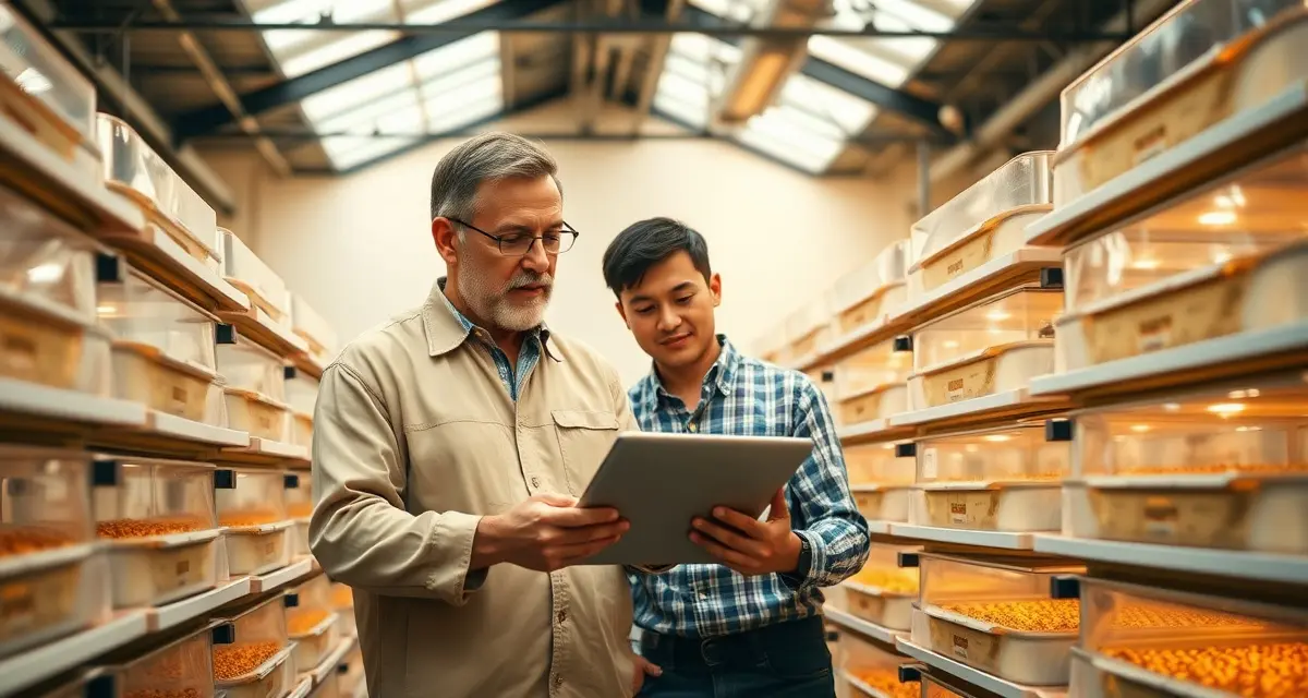 Knowledge transfer in cricket farming succession Experienced cricket farm operator mentoring next generation through documented succession planning process using digital records