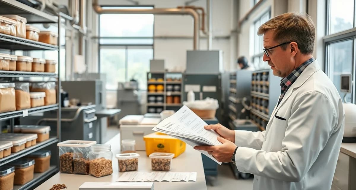 Supplier vetting and qualification process for cricket farming operations Cricket farm manager reviewing supplier qualification documents and feed samples in a professional insect protein production facility quality control area.