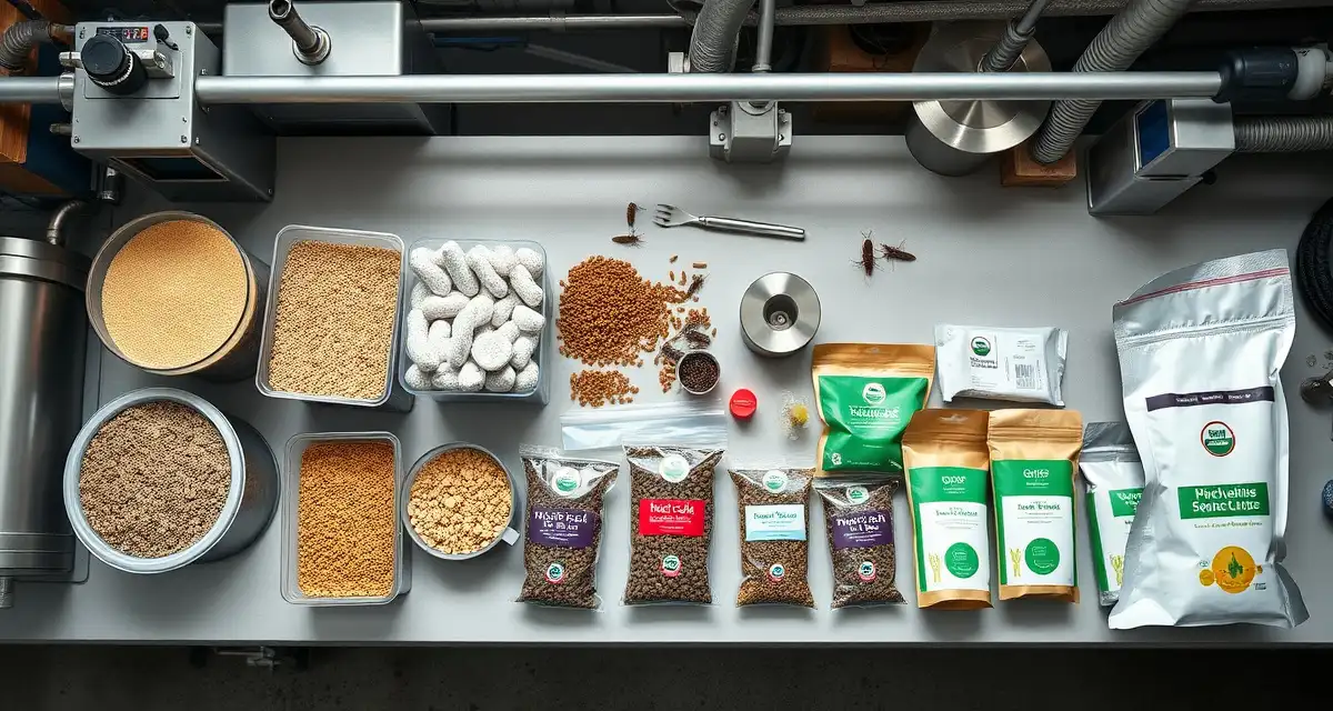 Integrated cricket farming supply chain sourcing strategy Cricket farm supply chain components including feed ingredients, equipment, and packaging materials organized for efficient operations management.