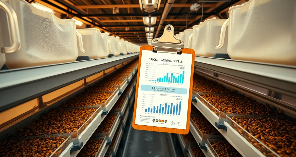 Supply-demand planning in cricket farming operations Cricket farm supply and demand balance visualization showing organized production bins with inventory monitoring systems for optimal yield management