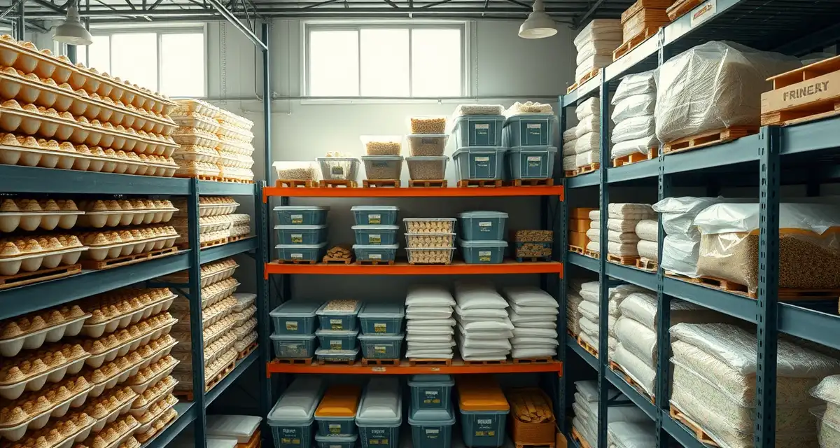 Essential cricket farming supplies and inventory management Organized cricket farm supplies including egg flats, feed bins, and substrate materials stored on industrial shelving in a professional farming facility.