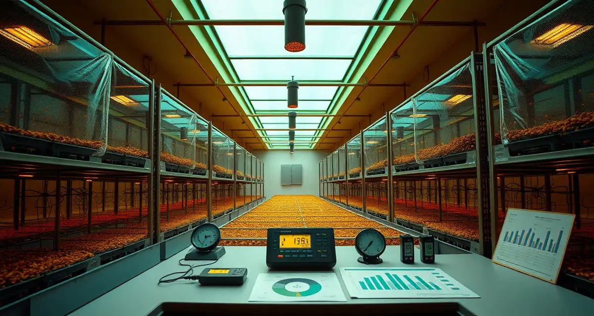FTC-compliant cricket farm sustainability measurement Sustainable cricket farming operation showing environmental monitoring equipment and data tracking for protein production compliance.