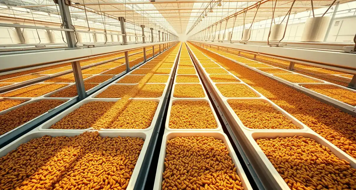 Modern cricket farm demonstrating sustainable insect protein production Sustainable cricket farming operation showing efficient protein production with minimal feed requirements compared to conventional livestock.