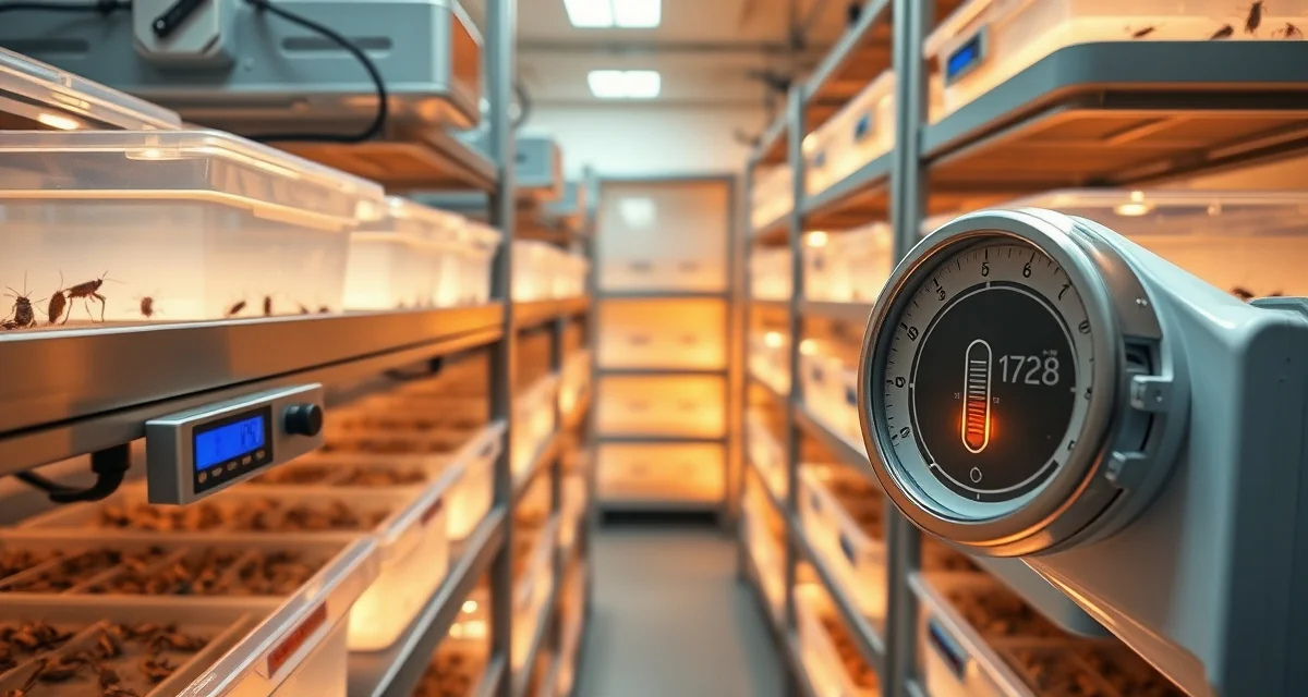 Temperature control setup for Acheta domesticus cricket breeding Commercial cricket farming bins with temperature monitoring equipment maintaining optimal 86-90°F for egg incubation and larval development stages