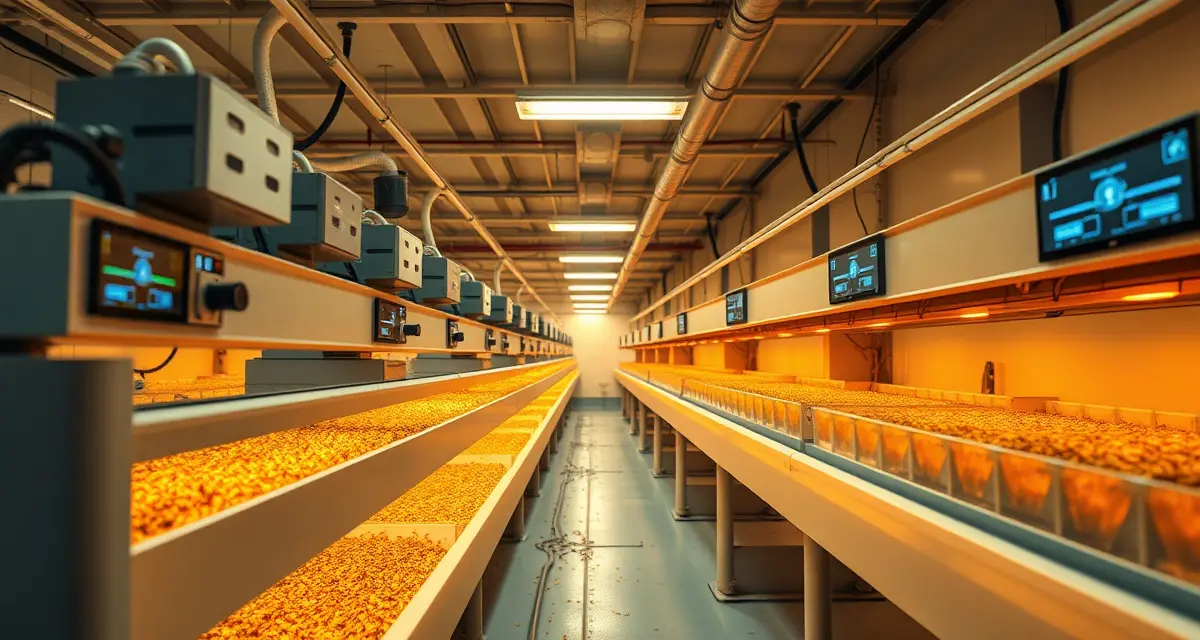 Backup heating redundancy for cricket farm temperature management Climate control heating system in cricket farming operation with temperature monitoring equipment preventing temperature crashes