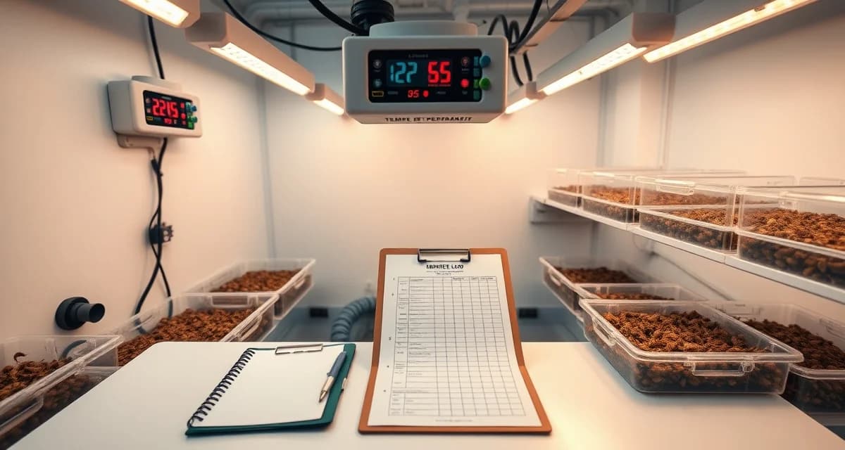 Temperature monitoring setup for cricket farming compliance Cricket farm temperature monitoring station with digital log template, thermometer equipment, and compliance documentation for FDA FSMA CCP records.
