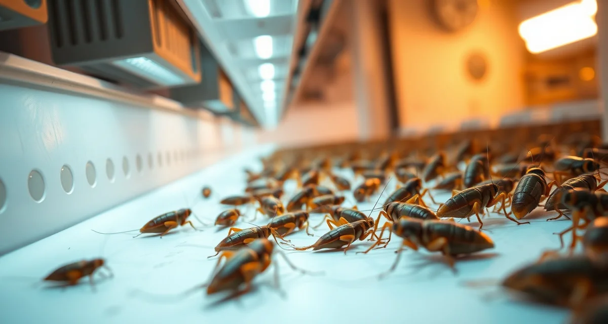 Behind-the-scenes cricket farm setup Modern cricket farming operation with live insects in controlled environment for insect protein production and TikTok content creation